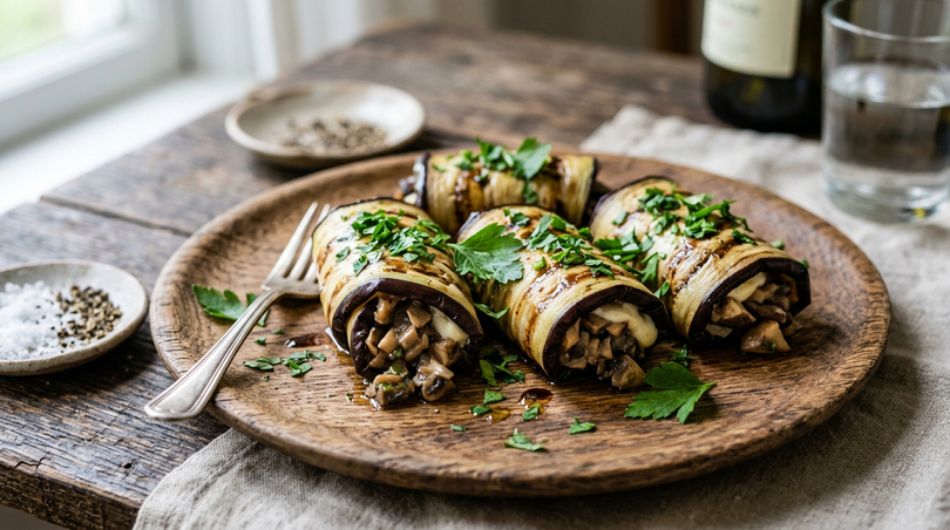 Eggplant rolls with mushrooms